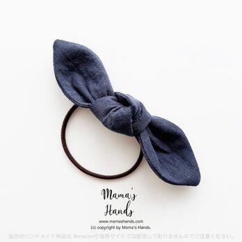 ⭐️59点売れました⭐️ ナチュラル リネン 織姫炊き おしゃれな ネイビー 紺 インディコブルー リボン ヘアゴム♪の画像