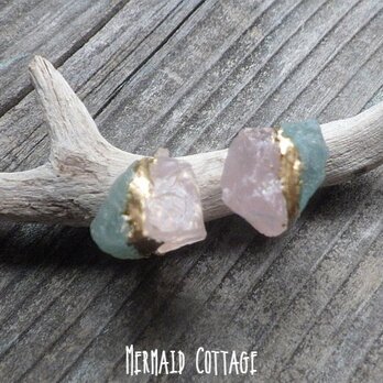 Raw Rose Quartz &Aquamarine　原石の金継ぎイヤリング☆ローズクウォーツ＆アクアマリン☆の画像