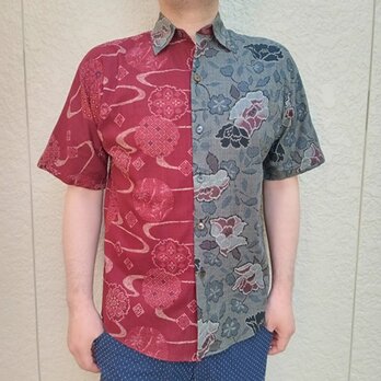 半袖和柄シャツ（華散らし紬文様×流水に雪輪和文様）の画像