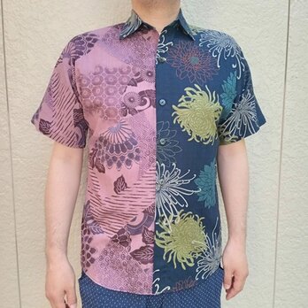 半袖和柄シャツ（伊勢型紙裂取×菊尽くし華文様）の画像