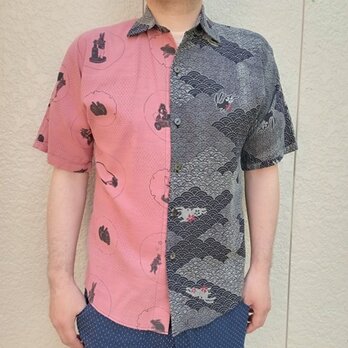 半袖和柄シャツ（兎玩具柄×青海波に跳ね桜兎）の画像