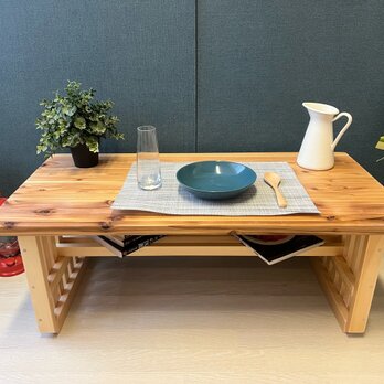 【送料無料】 ローテーブル 和風 木組縦格子 収納付き90cm 45cm 杉の画像