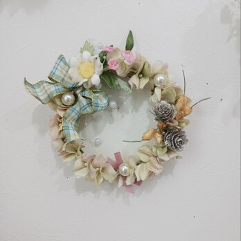 染め布花*ナチュラルなマーガレットと紫陽花のリース