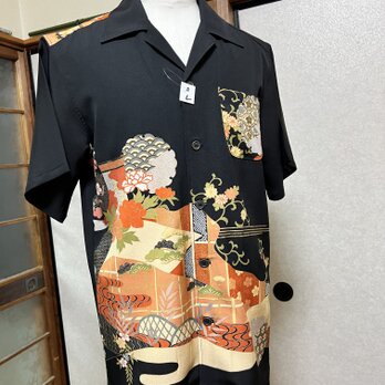 留袖リメイクアロハシャツ、着物素材、L寸！の画像