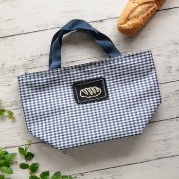 パンの刺繍ワッペン　ランチバッグ　保冷バッグ　チェック柄　名入れ　広いマチの画像