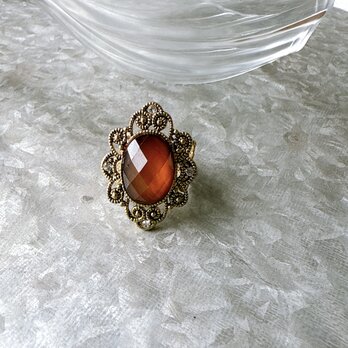 R399-ヴィンテージリング U.S.A.  Amber Crystal Cut Art Nouveau Gold Toneの画像