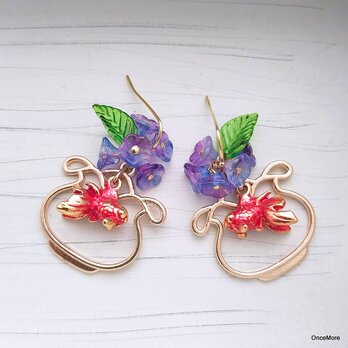 金魚と朝顔のピアス（赤）の画像