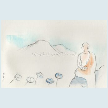 お坊さんの水彩画「野原の風」の画像