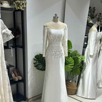ウェディングドレス ビジュー オフショルダー ソフトマーメイドライン ロングスリーブ ロング 結婚式の画像
