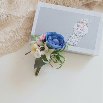 染め布花*青いミニ薔薇の花束コサージュ