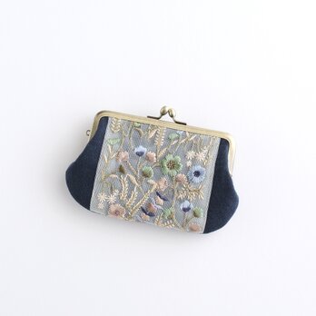 インド刺繍リボンのがま口ミニ財布/ポーチ　ネイビーの画像