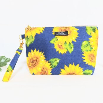 ヒマワリの花の持ち手付きポーチの画像