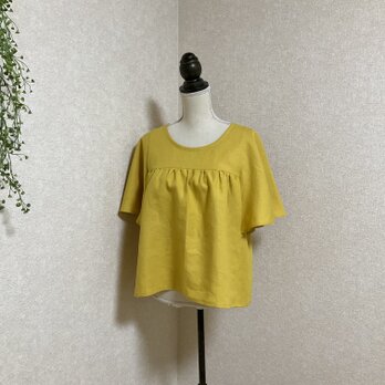 リネン100% ひらひら蝶々みたいなお袖のブラウス　ヨークイエローの画像