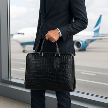 クロコダイル メンズ ビジネスバッグ 高級 ブリーフケース 2WAY ショルダーベルト付 自立型  A4対応 限定の画像