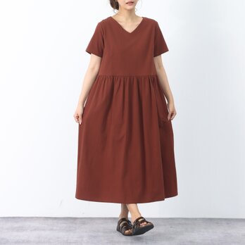 26色展開 コットン　Vネック　半袖　ギャザーワンピース ♪オーダーサイズ可の画像