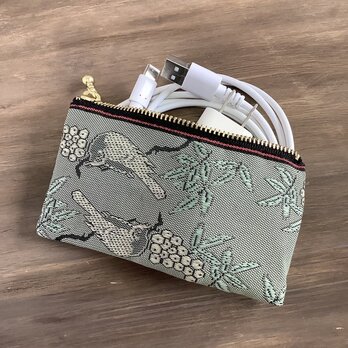 【比翼連理②】畳縁　ぺたんこ　ミニポーチ　小銭入れ　カードケース　和風　緑青　鳥　木の実　夫婦円満の画像