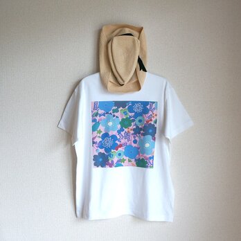 オーガニックコットン【半袖/長袖】「 happy garden（ ブルー&ピンク × ナチュラル／ホワイト ）」Ｔシャツの画像
