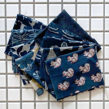 インド ブロックプリント生地 ミニカットクロス10枚セットv.29藍染ファブリック はぎれ インディゴブルー 青 象IF0265