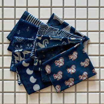 インド ブロックプリント生地 ミニカットクロス10枚セットv.30藍染ファブリック はぎれ インディゴブルー 青 象IF0265