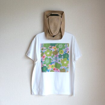 オーガニックコットン【半袖/長袖】「 happy garden（ グリーン&ピンク × ナチュラル／ホワイト ）」Ｔシャツの画像