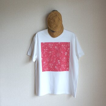 オーガニックコットン【半袖/長袖】「 春の庭（ チェリーピンク × ナチュラル／ホワイト ）」Ｔシャツの画像