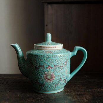 チャイナレトロで可愛い◆花唐草と漢字と蝙蝠。中国景徳鎮　色絵急須　茶器　グリーン　ビビットカラー　i1の画像
