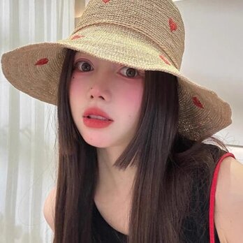 ラフィアハット、フレンチスタイルの帽子、麦わら帽子、夏用、大人、ストローハット、日よけ・UV対策 サイズ調節の画像