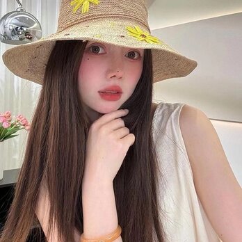 ラフィアハット、フレンチスタイルの帽子、麦わら帽子、夏用、大人、ストローハット、日よけ・UV対策 サイズ調節の画像