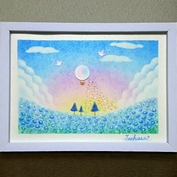 パステルアート　大空からネモフィラ畑への贈り物　パステル画原画の画像