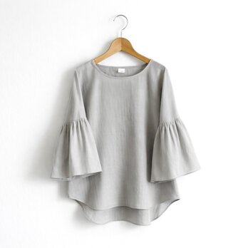 ギャザー袖 クルーネック 7分袖プルオーバー｜オーガニック綿100%ダブルガーゼ_ Pale Gray