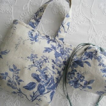 NavyRoses×linen  小さなtote+pouchの画像