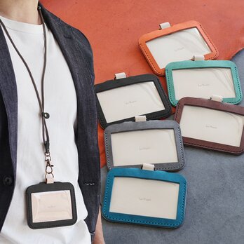 IDケース＋ネックストラップ付 LF-102+LF-080 マルゴー×ヌメ革ツートン レザー パスケース 社員証ケース