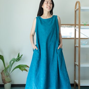 ジャガード織り　ワイドフレアーワンピース【Organic Cotton／クチナシの実染め】の画像