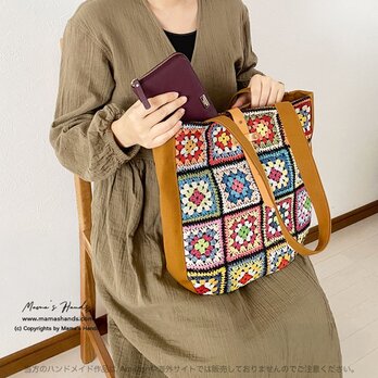 再入荷❤️ 16点売れました⭐️かぎ編み クロシェ ゴブラン オランダ製 北欧 茶色 革 (中) 軽い トートバックの画像