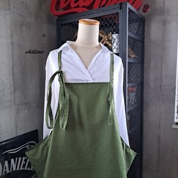 【背中がかわいい】エプロンドレス：コットン：モスグリーン【0891】の画像