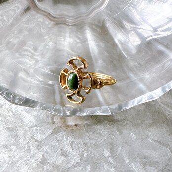 RA110-【 AVON 】エイボン・ヴィンテージリング Gold Cross Green Marble Cabochonの画像