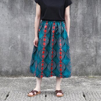 アフリカ布のギャザースカート（ピーコックブルー）アフリカンプリント アフリカンファブリック