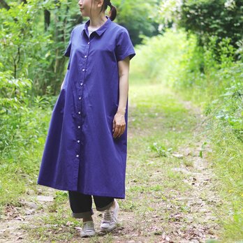 羽織にもなるリネン混シャツワンピース（遠州織物/ロイヤルブルー） OP08の画像