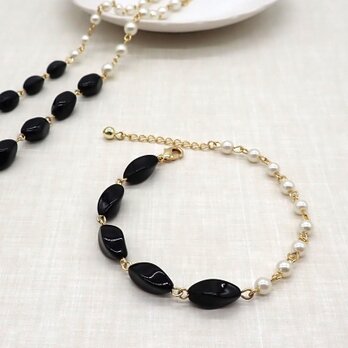 《３種類から選べる》ツイストビーズとパールのバイカラーブレスレット【ブラック】