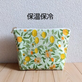 ウィリアムモリス　保温・保冷の洗えるポーチ　大きめ20cm　ハンドメイド　フルーツ　ペールグリーン　　265の画像