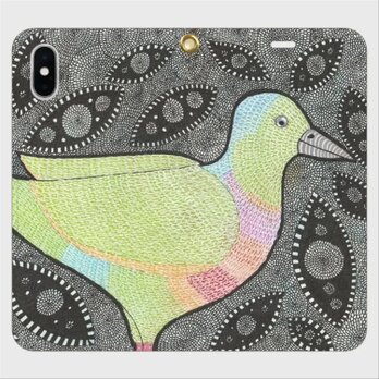 にじにぶつかる鳥｜帯なし手帳型iPhoneケース（ムネアカアオバト・クルスール）の画像