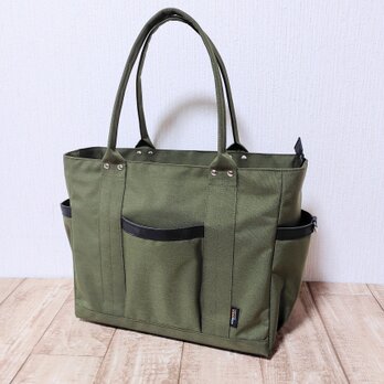 コーデュラナイロン×本革トートバッグL｜軽量＆撥水・13インチPC対応〈自立・多ポケット仕様〉カーキグリーンの画像