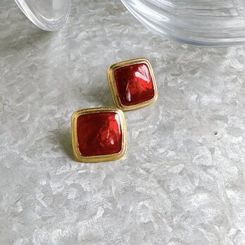 P679-ヴィンテージピアス U.S.A. 1970〜80s Gold Tone Red Enamel Paint Squareの画像
