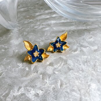 PA346-【 AVON 】エイボン・ヴィンテージピアス 90s Blue Enamel Rhinestone Flowersの画像