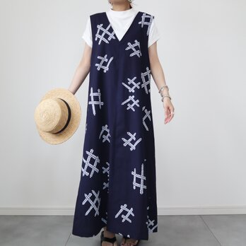 浴衣のVネックジャンパースカート（藤の花・L）　着物リメイクの画像