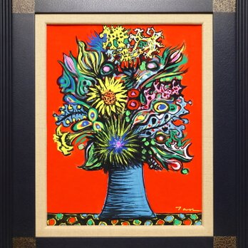 「Flowers」(NO.2436) 6号F ケント紙（0.5ミリ厚)にアクリル絵の具 油彩額付き 送料無料の画像