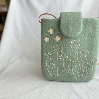 羊毛刺繍サコッシュ/白い鳥の森　霧の画像