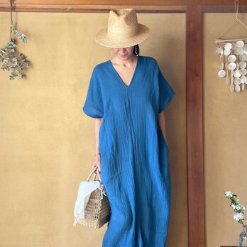 Double Gauze Tao Kaftan in Indigo/ ダブルガーゼカフタン藍染めの画像