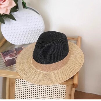 ラフィアハット、ツバ広麦わら帽子、英国風、夏用、ストローハット、飾り ミディアムブリム 日よけ・UV対策の画像