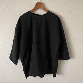 綿ゆったり七分袖ブラウス 黒Ｆの画像